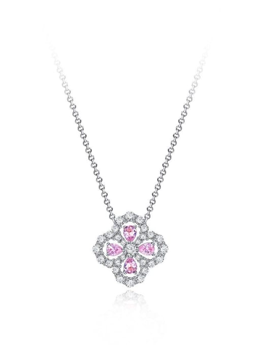 Pink [P 0682] 925 Sterling Silver High Carbon Diamond Flower Luxury Necklace
